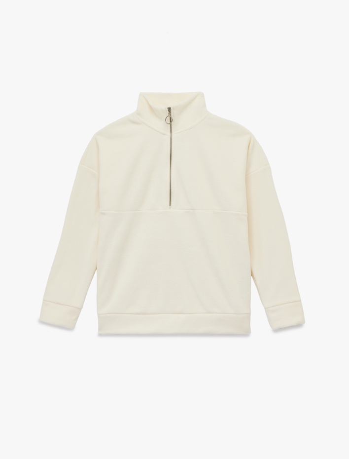  Oversize Uzun Kollu Yarım Fermuarlı Şardonlu Polar Sweatshirt