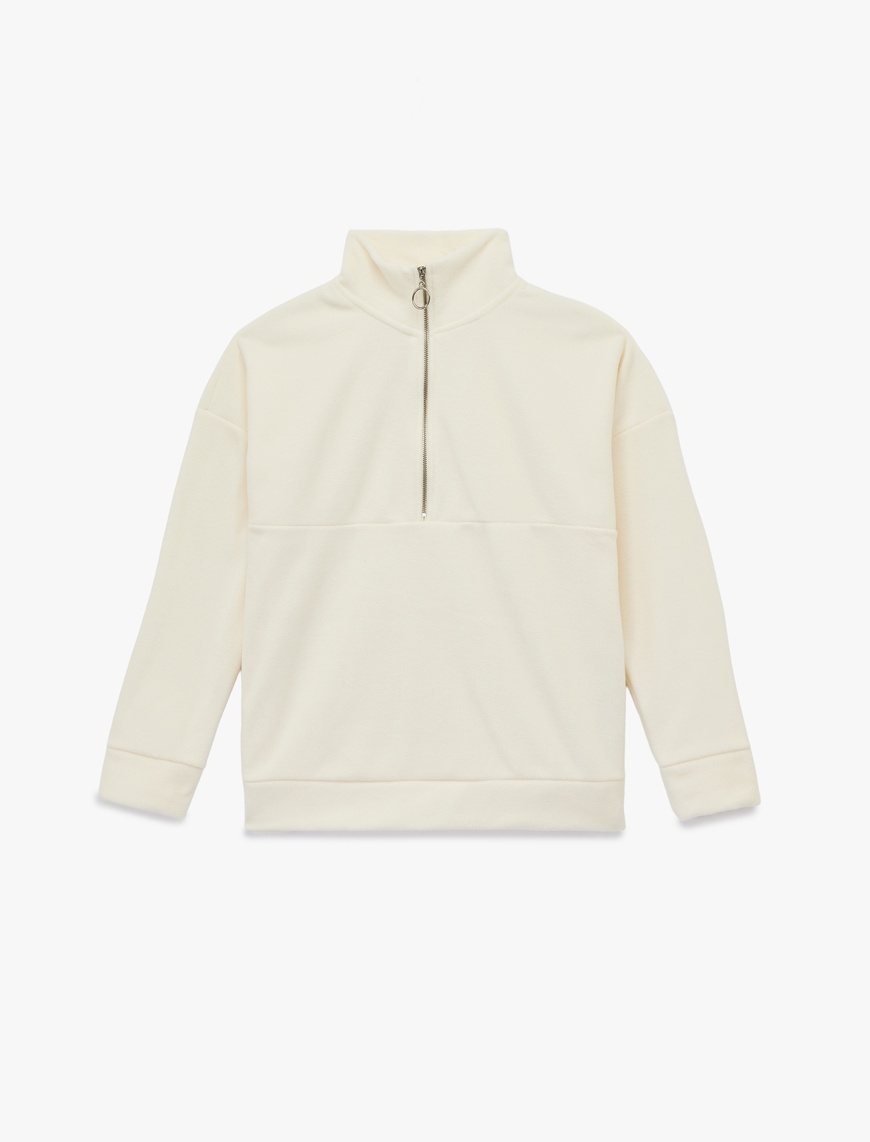   Oversize Uzun Kollu Yarım Fermuarlı Şardonlu Polar Sweatshirt