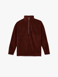 Oversize Uzun Kollu Yarım Fermuarlı Şardonlu Polar Sweatshirt