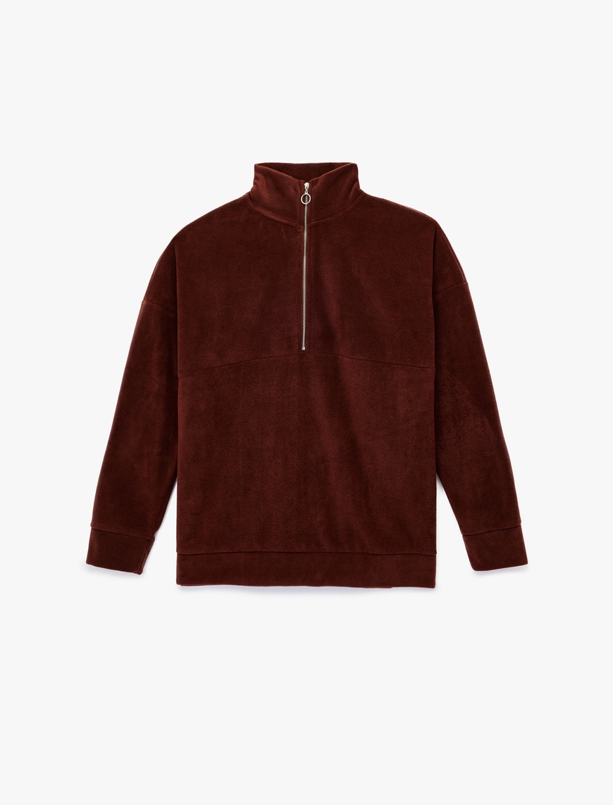   Oversize Uzun Kollu Yarım Fermuarlı Şardonlu Polar Sweatshirt