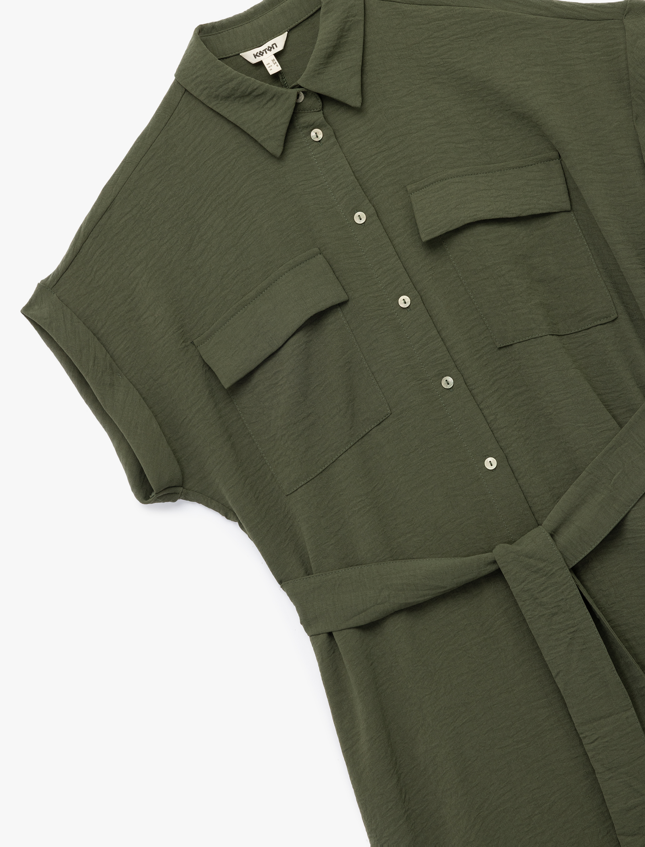   Gömlek Yaka Cepli Kemerli Midi Boy Kısa Kollu Elbise