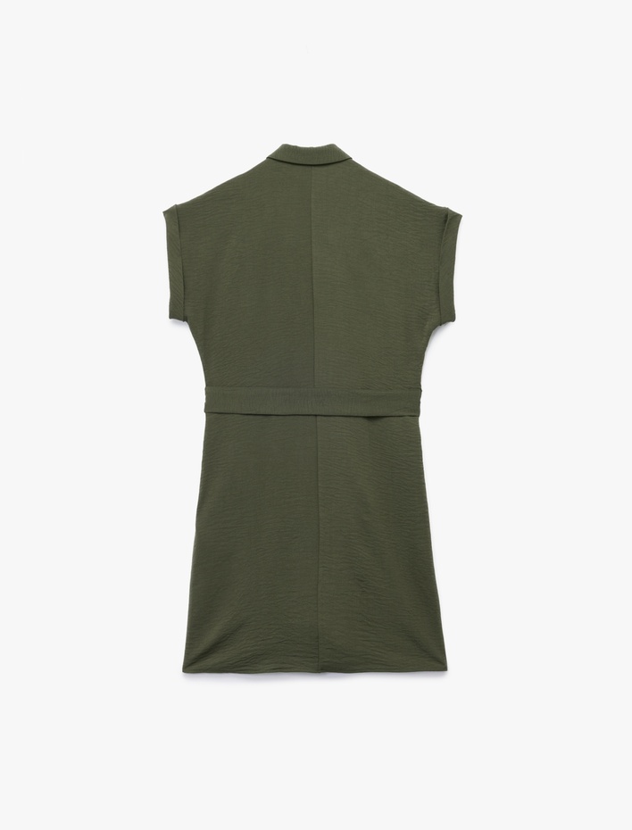  Gömlek Yaka Cepli Kemerli Midi Boy Kısa Kollu Elbise