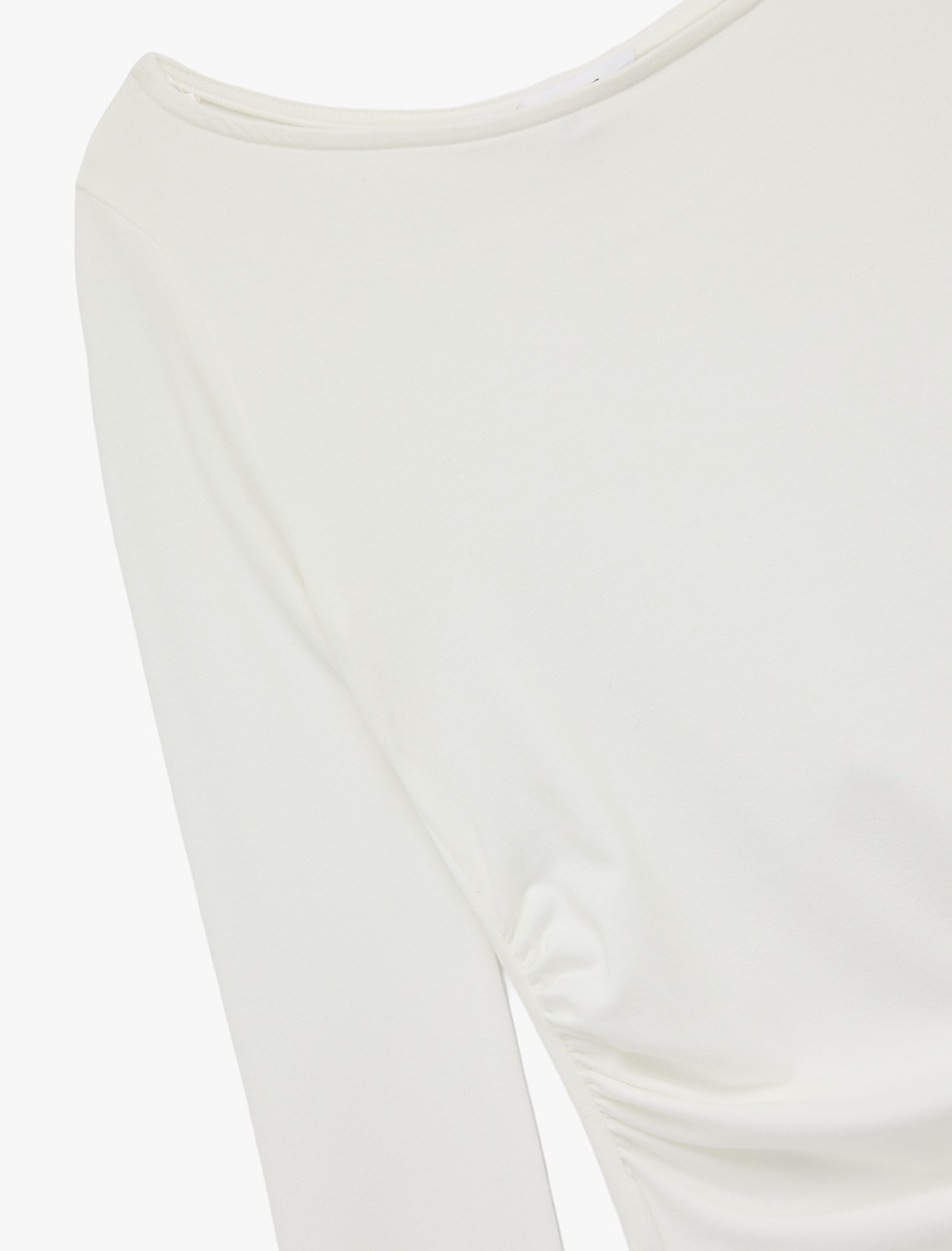   Kayık Yaka Drapeli Slim Fit Viskon Karışımlı Yırtmaçlı Uzun Kollu Tişört