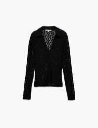 Slim Fit Yarı Transparan Uzun Kollu Kaçık Yaka Dantel Gömlek