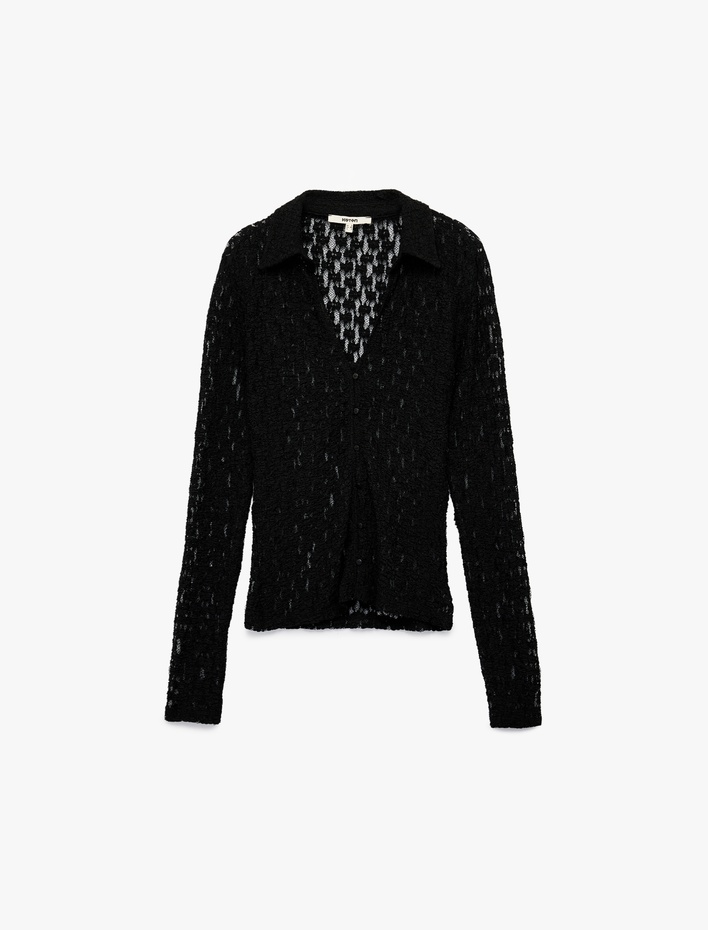  Slim Fit Yarı Transparan Uzun Kollu Kaçık Yaka Dantel Gömlek