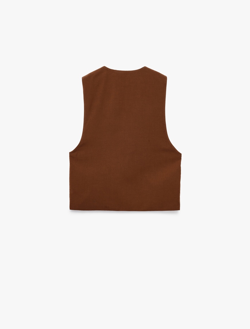   Slim Fit V Yaka Bağlama Detaylı Crop Suni Süet Yelek
