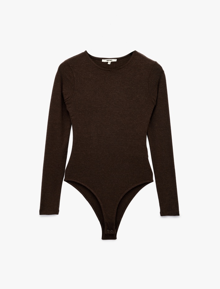  Koyun Yünü Karışımlı Slim Fit Uzun Kollu Bisiklet Yaka Bodysuit