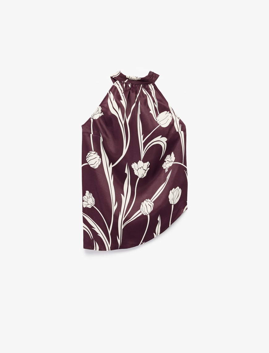   Bağlama Detaylı Floral Desenli Halter Yaka Saten Bluz
