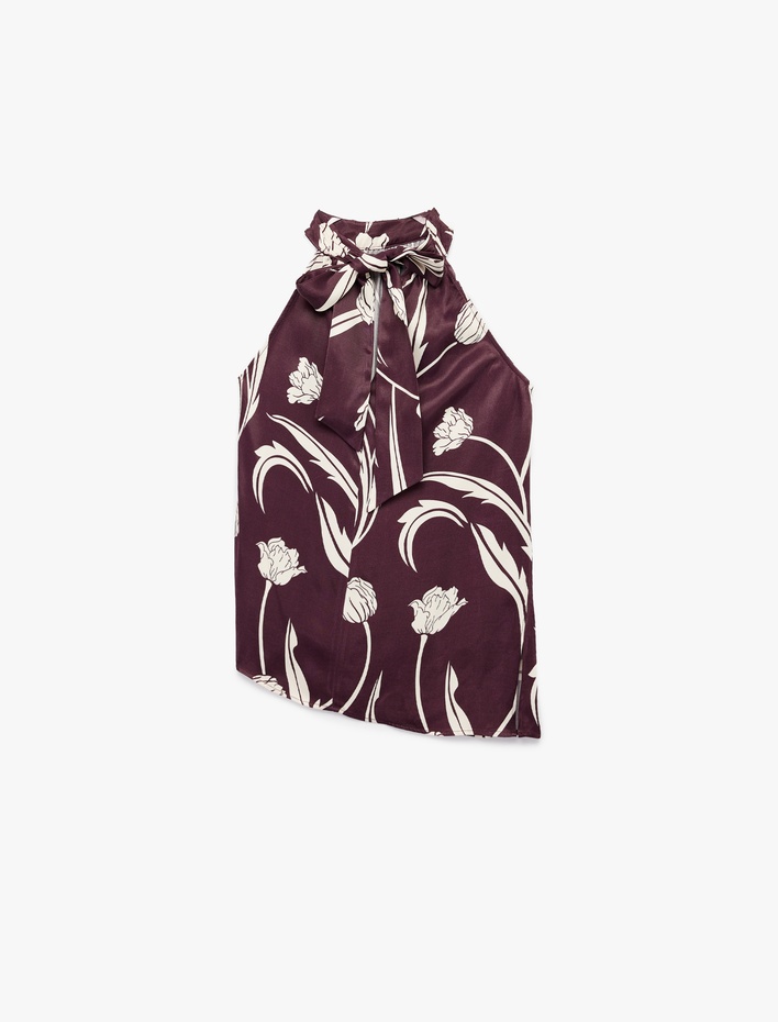  Bağlama Detaylı Floral Desenli Halter Yaka Saten Bluz