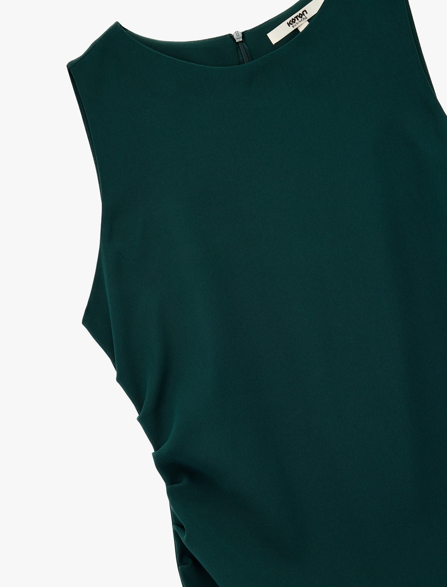   Krep Kumaş Drape Detaylı Yırtmaçlı Kolsuz Bisiklet Yaka Midi Kalem Elbise