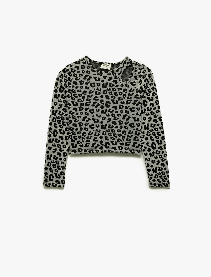 Kız Çocuk Pencere Detaylı Viskon Karışımlı Slim Fit Uzun Kollu Bisiklet Yaka Crop Bluz