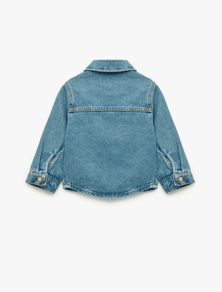 Kız Bebek Uzun Kollu Gömlek Yaka Kapaklı Cep Detaylı Pamuklu Denim Ceket