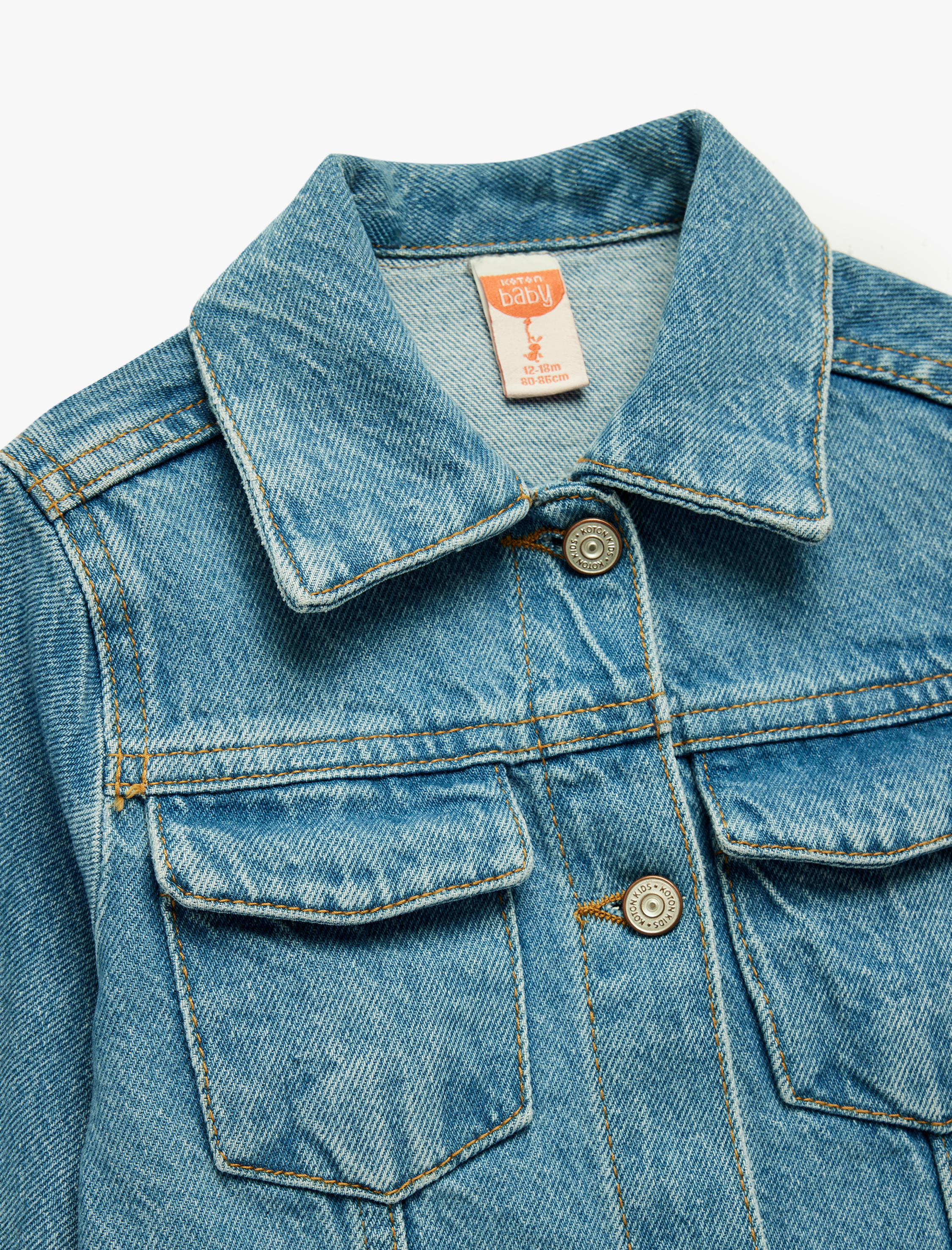 Kız Bebek Uzun Kollu Gömlek Yaka Kapaklı Cep Detaylı Pamuklu Denim Ceket