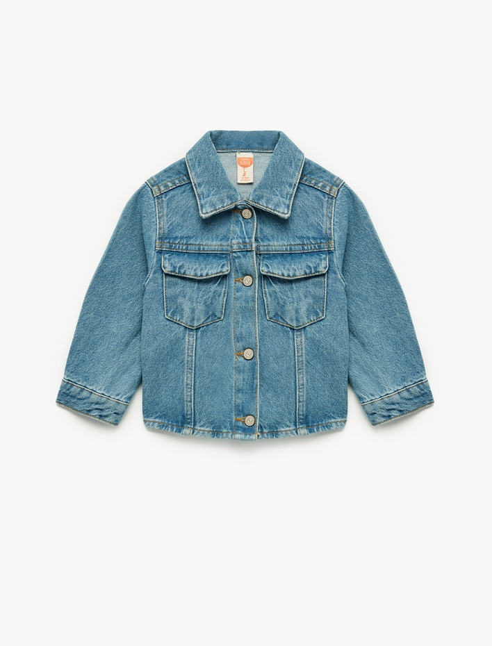 Kız Bebek Uzun Kollu Gömlek Yaka Kapaklı Cep Detaylı Pamuklu Denim Ceket