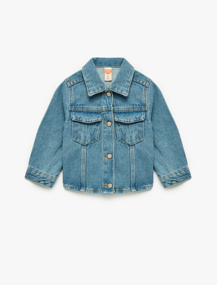  Kız Bebek Uzun Kollu Gömlek Yaka Kapaklı Cep Detaylı Pamuklu Denim Ceket