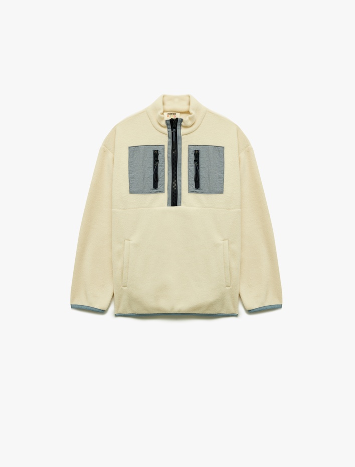 Erkek Çocuk Cep Detaylı Uzun Kollu Dik Yaka Yarım Fermuarlı Polar Sweatshirt