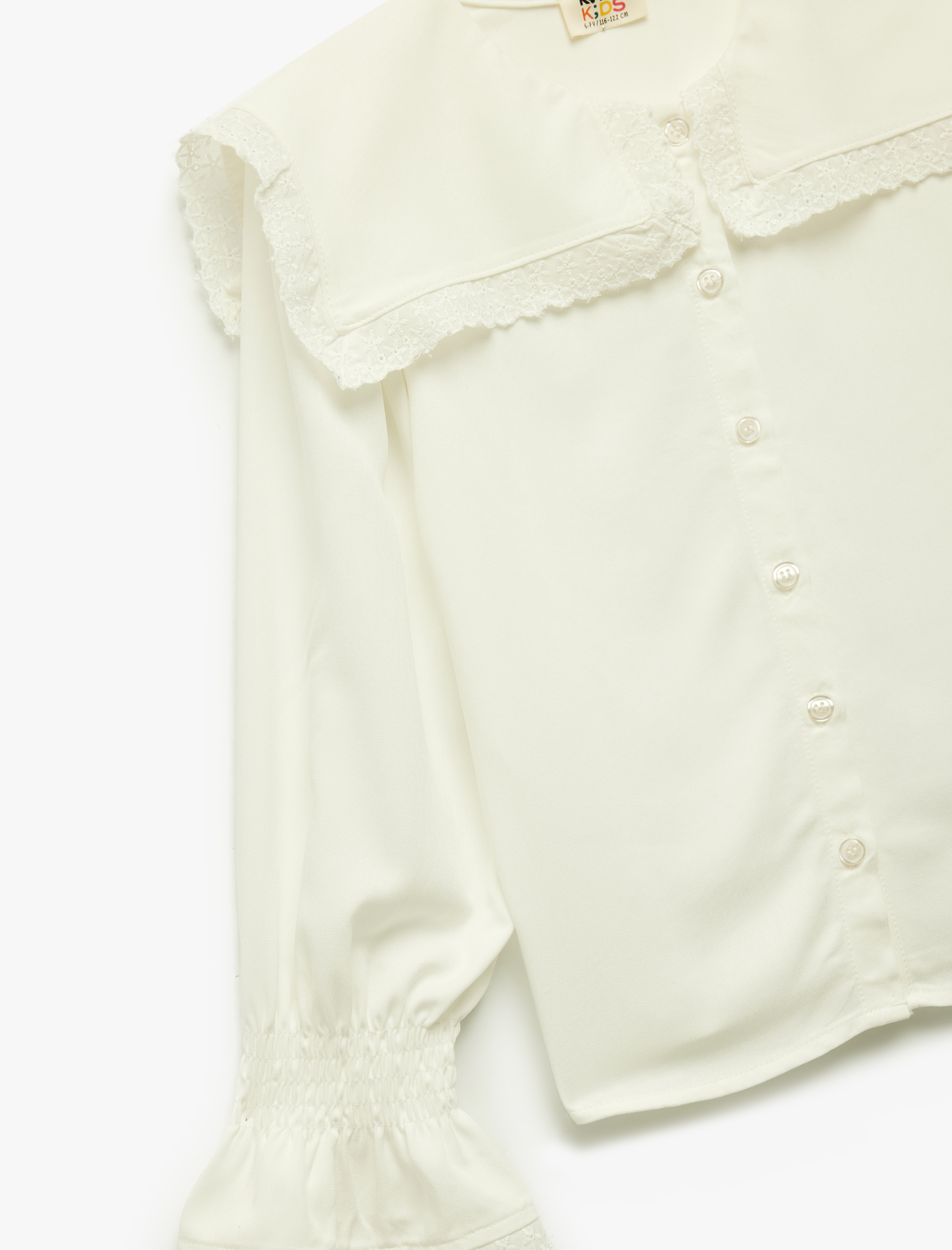  Kız Çocuk Viskon Uzun Kollu Büzgülü Oversize Düğmeli Dantel Detaylı Kare Bebe Yaka Gömlek