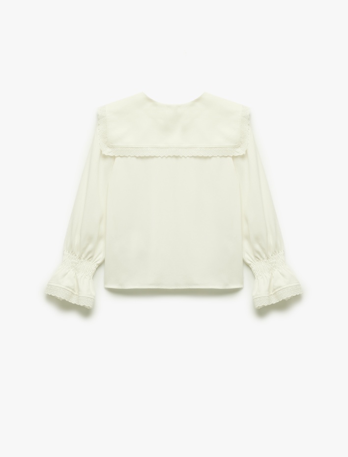 Kız Çocuk Viskon Uzun Kollu Büzgülü Oversize Düğmeli Dantel Detaylı Kare Bebe Yaka Gömlek