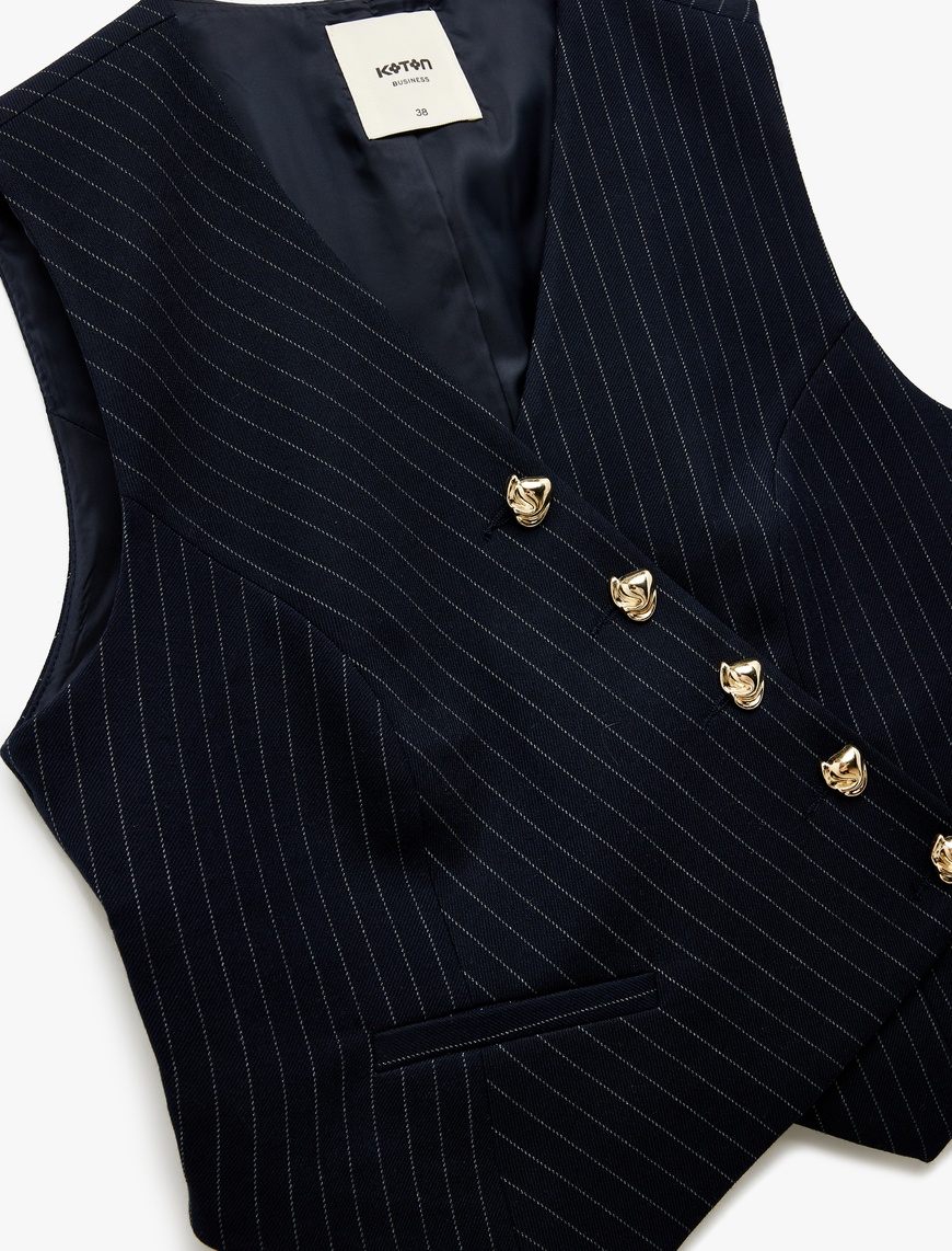   Kolsuz V Yaka Düğmeli Asimetrik Kesim Blazer Yelek
