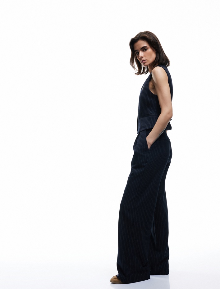  Cepli Pile Detaylı Yüksek Bel Palazzo Pantolon