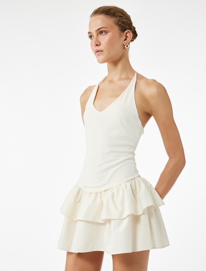  Koton X Zeynep Bastık - Sırt Dekolteli V Halter Yaka Fırfırlı Mini Elbise