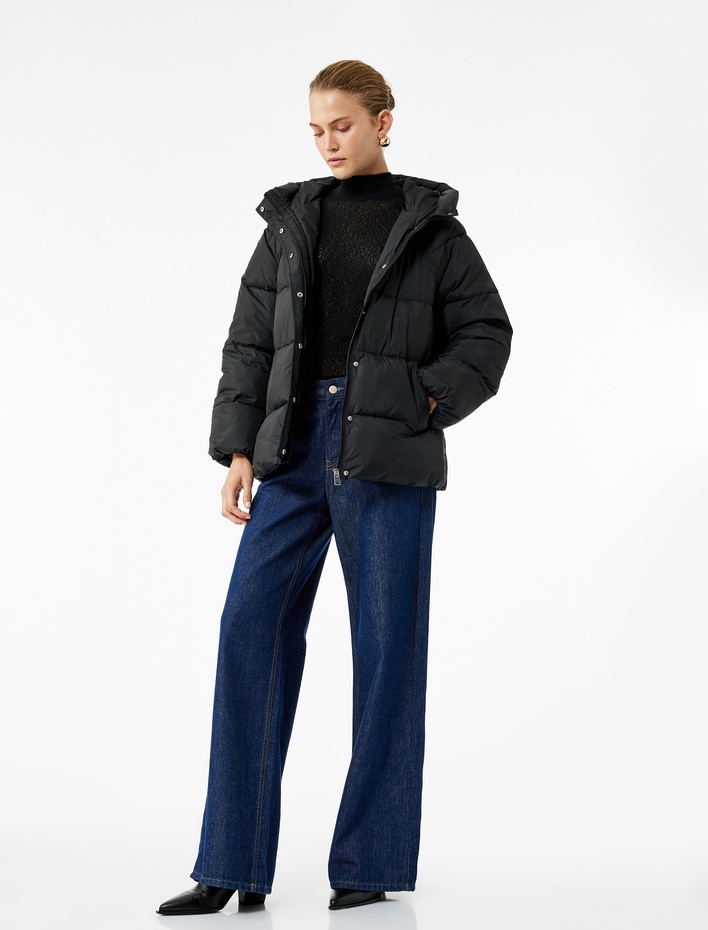  İçi Polar Astarlı Uzun Kollu Fermuarlı Su İtici Kapüşonlu Oversize Şişme Mont