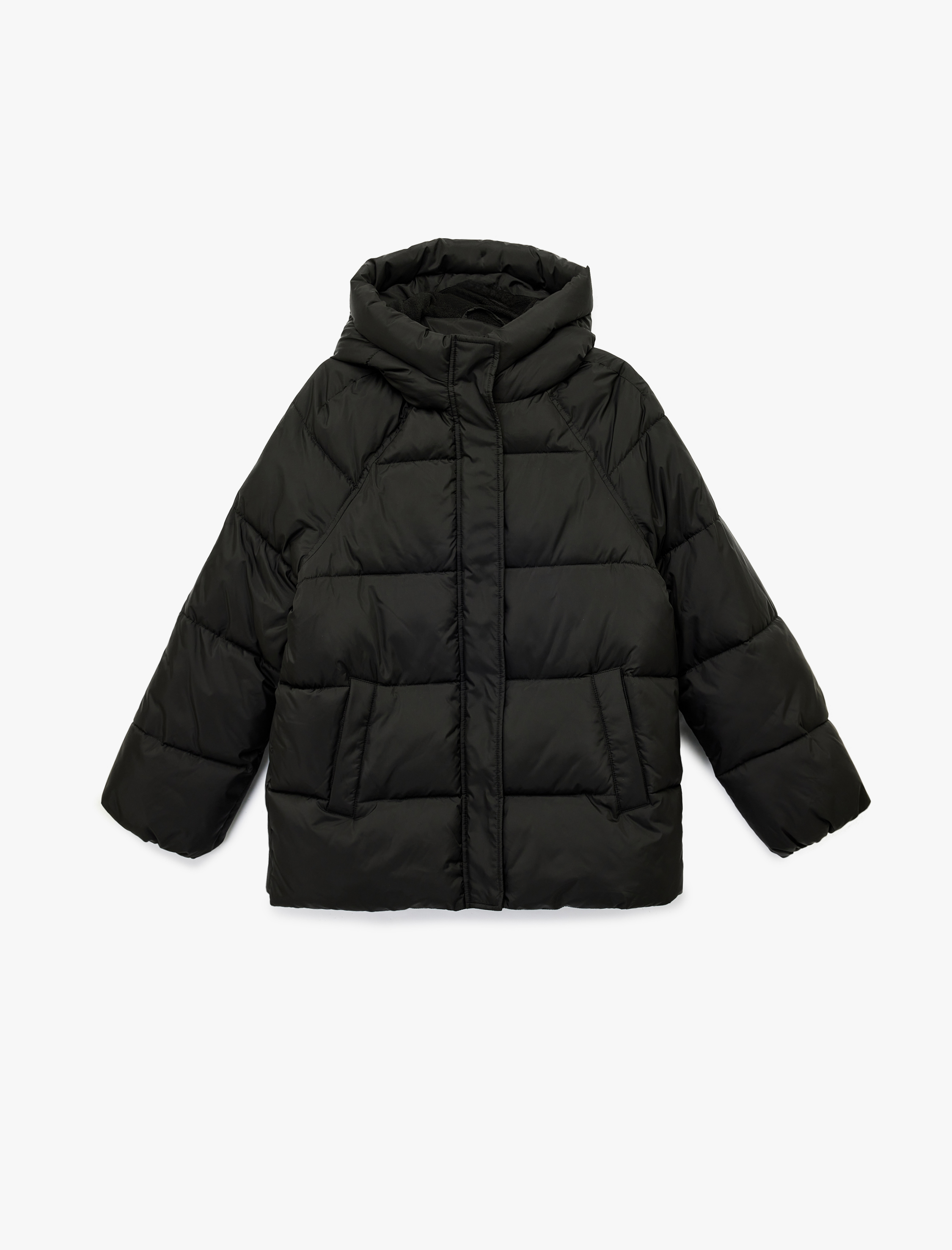   İçi Polar Astarlı Uzun Kollu Fermuarlı Su İtici Kapüşonlu Oversize Şişme Mont