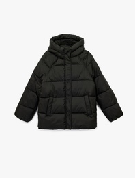 İçi Polar Astarlı Uzun Kollu Fermuarlı Su İtici Kapüşonlu Oversize Şişme Mont