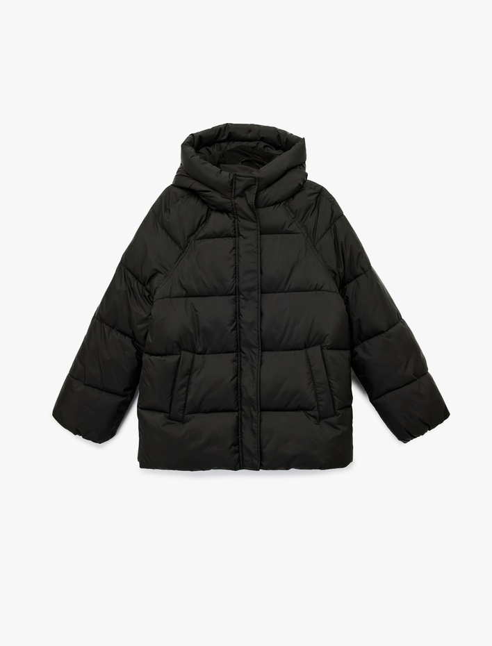  İçi Polar Astarlı Uzun Kollu Fermuarlı Su İtici Kapüşonlu Oversize Şişme Mont