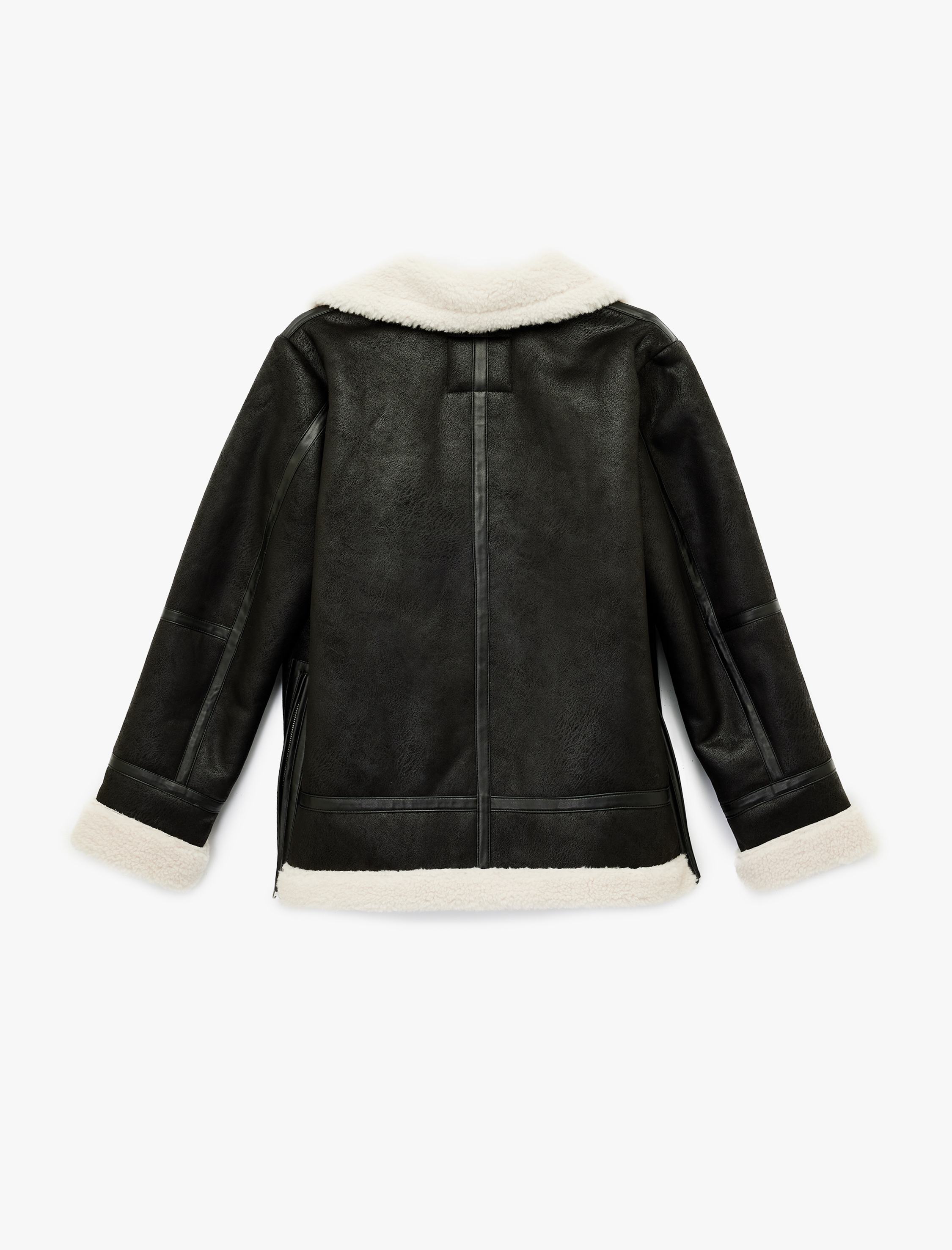   Suni Kürklü Cepli Fermuarlı Deri Görünümlü Biker Ceket