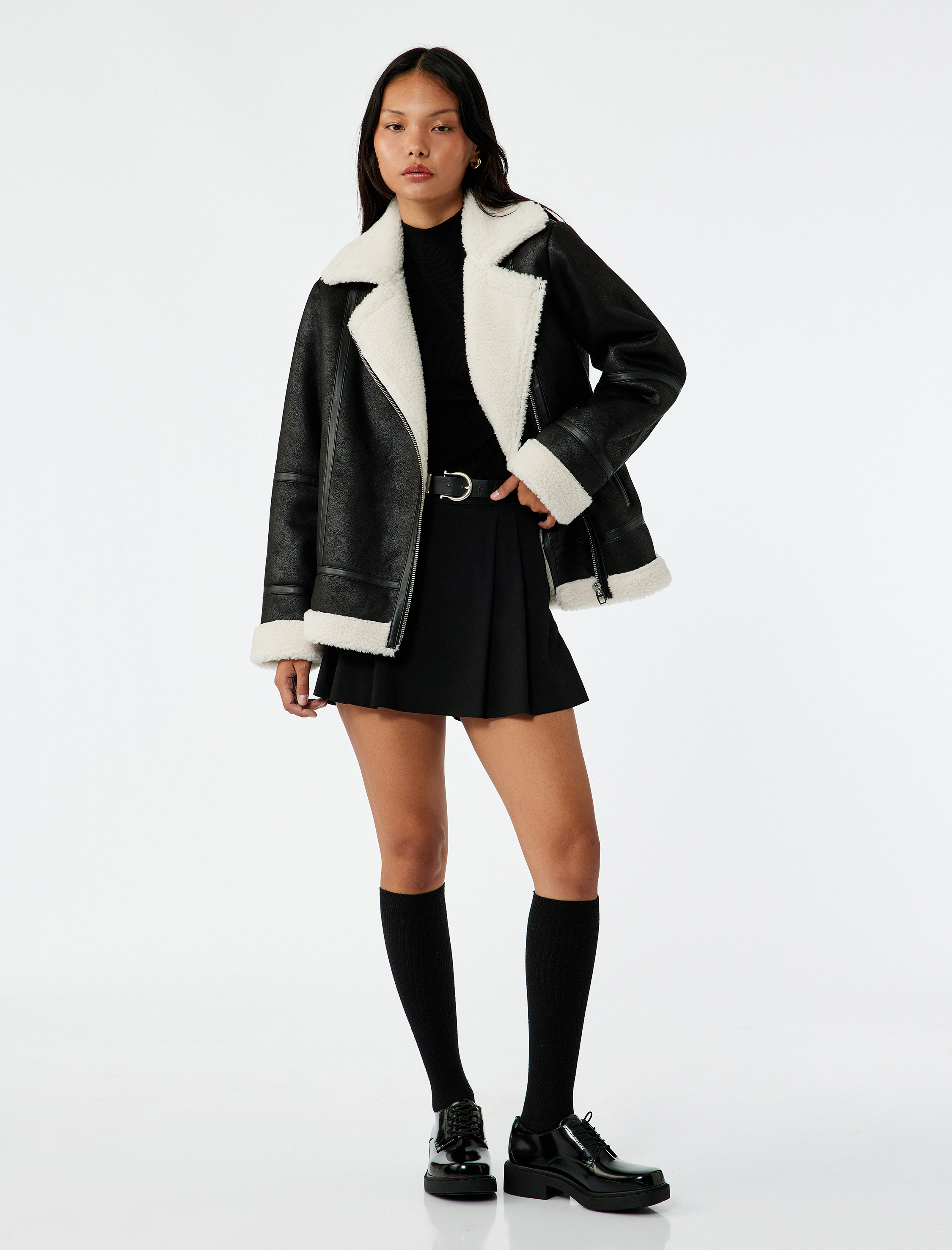   Suni Kürklü Cepli Fermuarlı Deri Görünümlü Biker Ceket