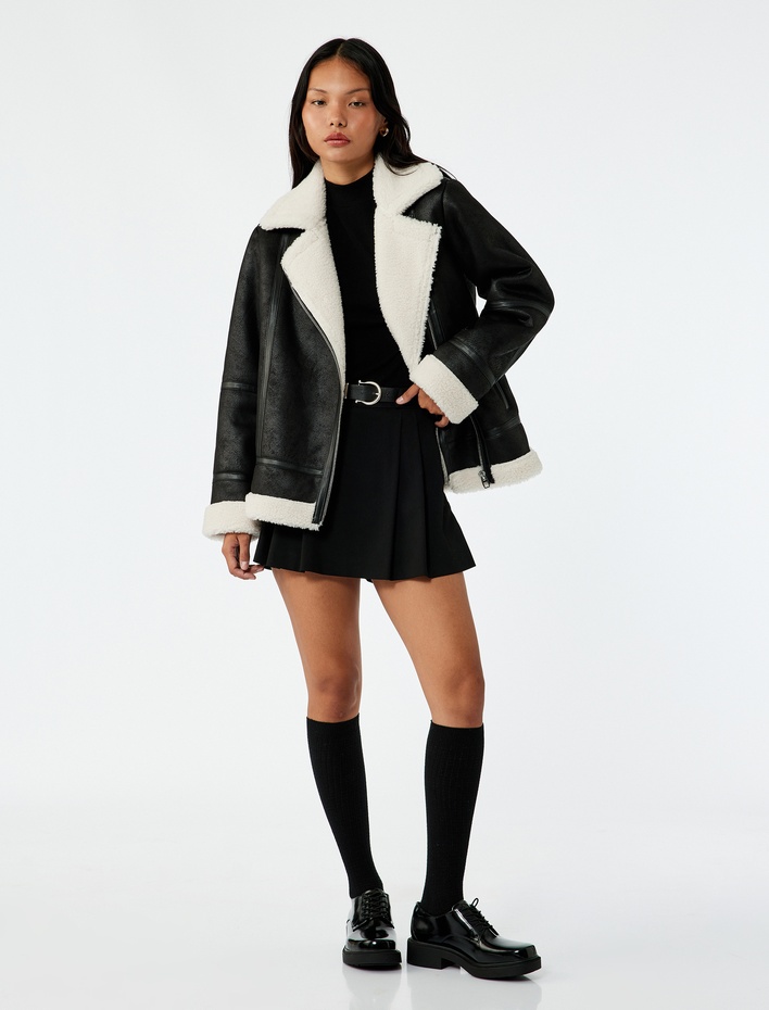  Suni Kürklü Cepli Fermuarlı Deri Görünümlü Biker Ceket
