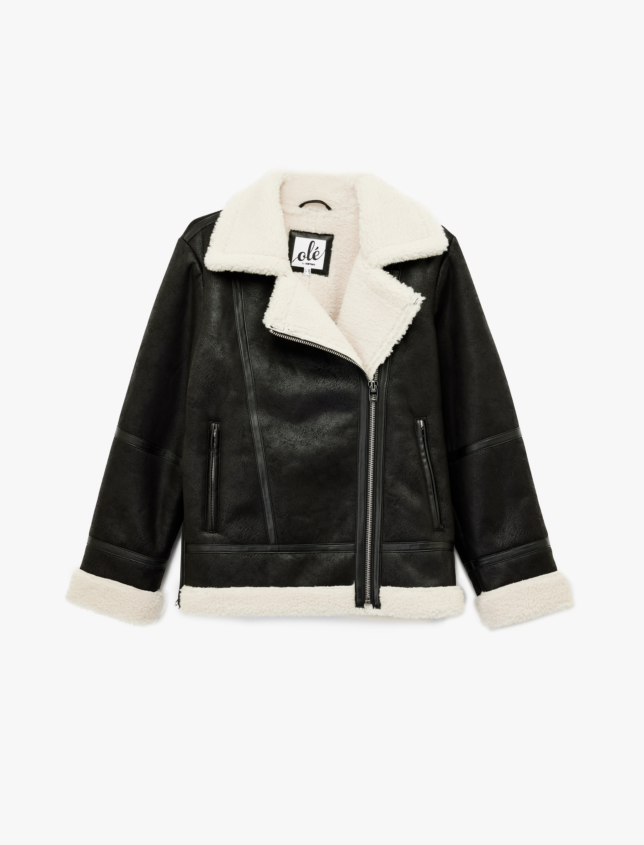   Suni Kürklü Cepli Fermuarlı Deri Görünümlü Biker Ceket