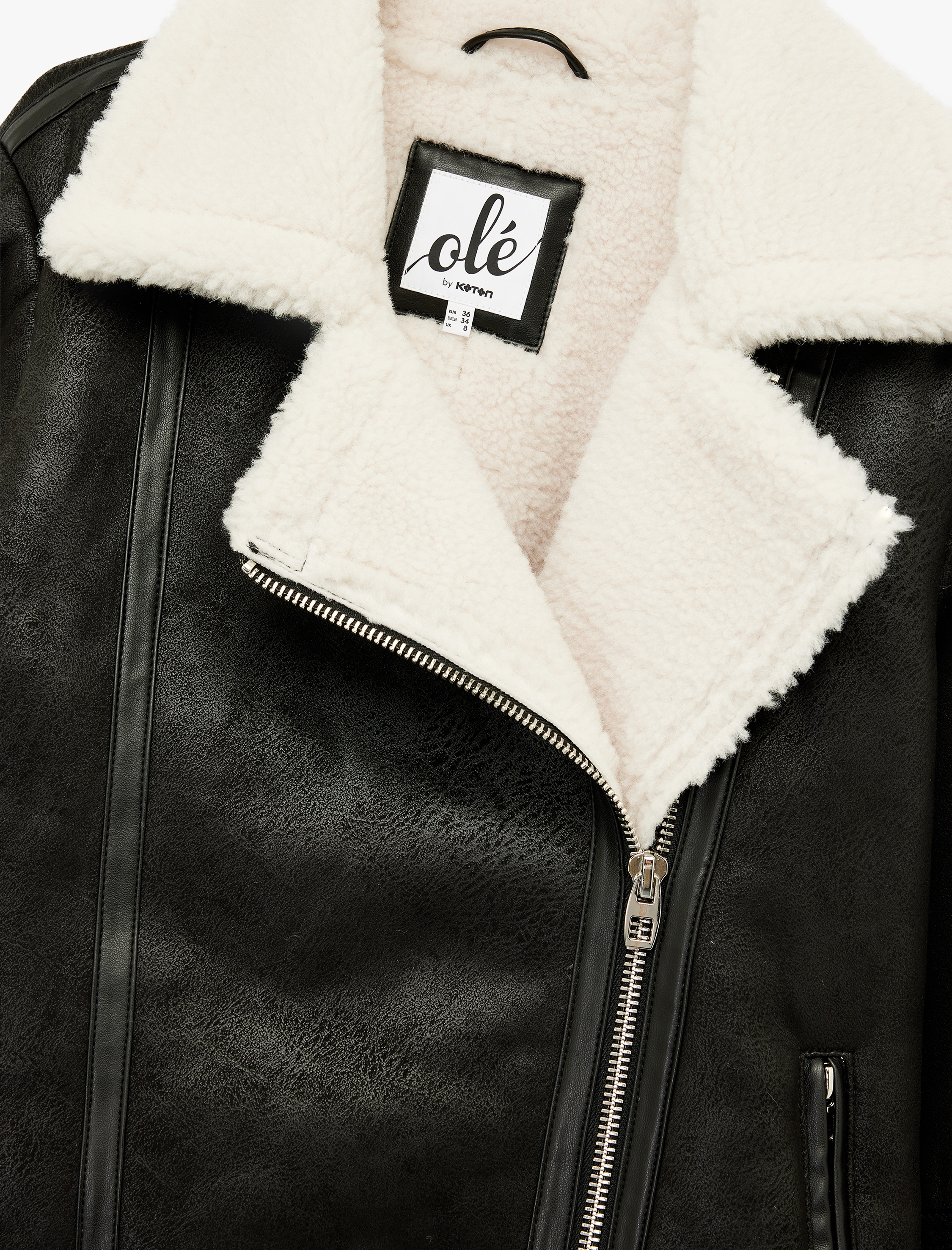   Suni Kürklü Cepli Fermuarlı Deri Görünümlü Biker Ceket