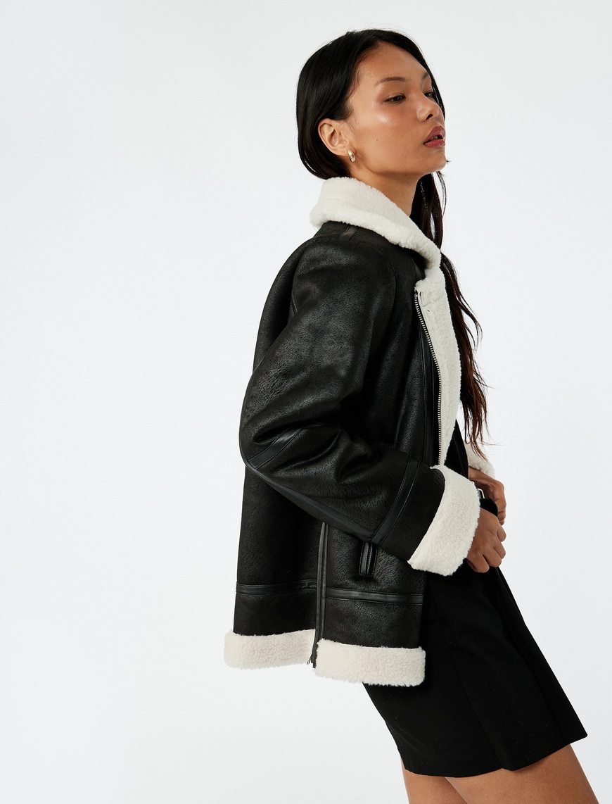 Koton Kadın Suni Kürklü Cepli Fermuarlı Deri Görünümlü Biker Ceket