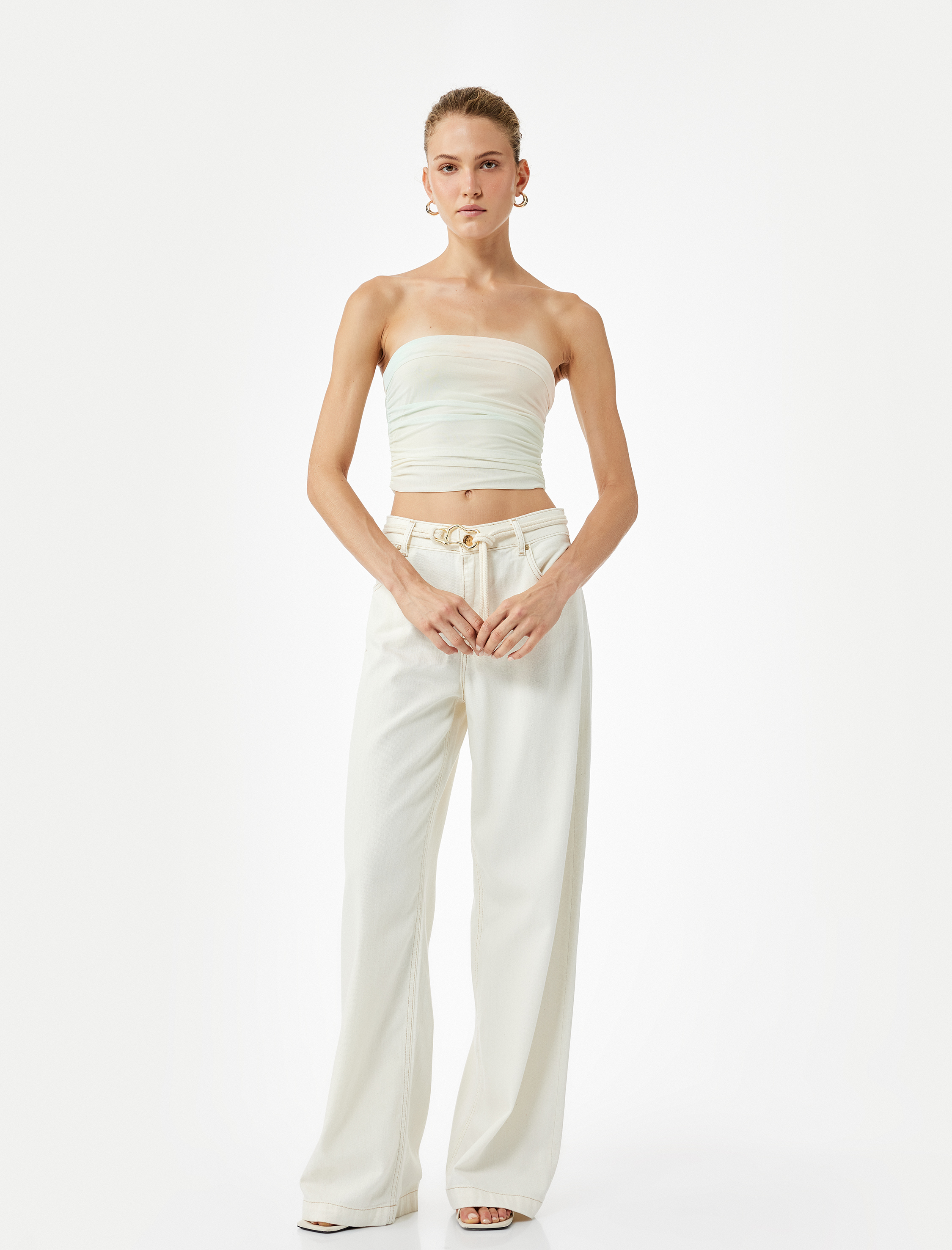   Slim Fit Drape Detaylı Crop Straplez Bluz