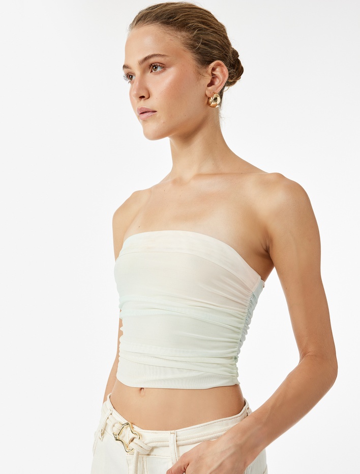  Slim Fit Drape Detaylı Crop Straplez Bluz