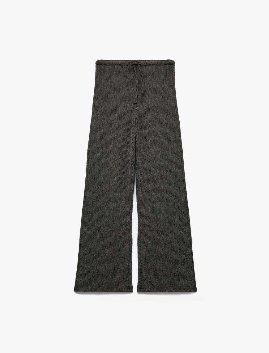   Yüksek Bel Rahat Kalıp Bürümcük Viskon Karışımlı Beli Bağcıklı Geniş Paça Pantolon