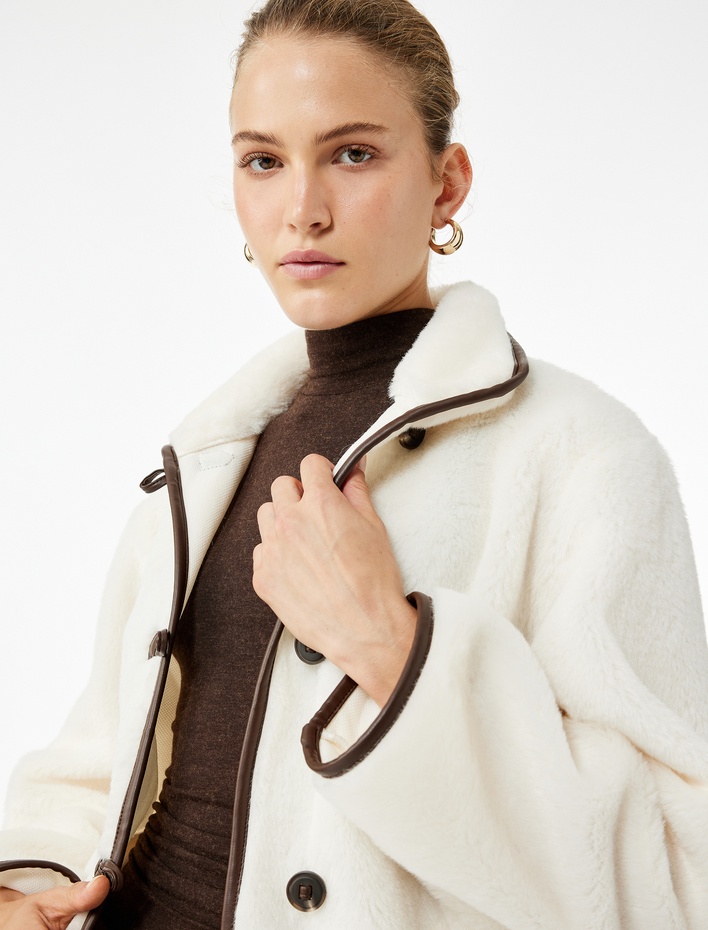  Uzun Kollu Düğmeli Kruvaze Peluş Ceket