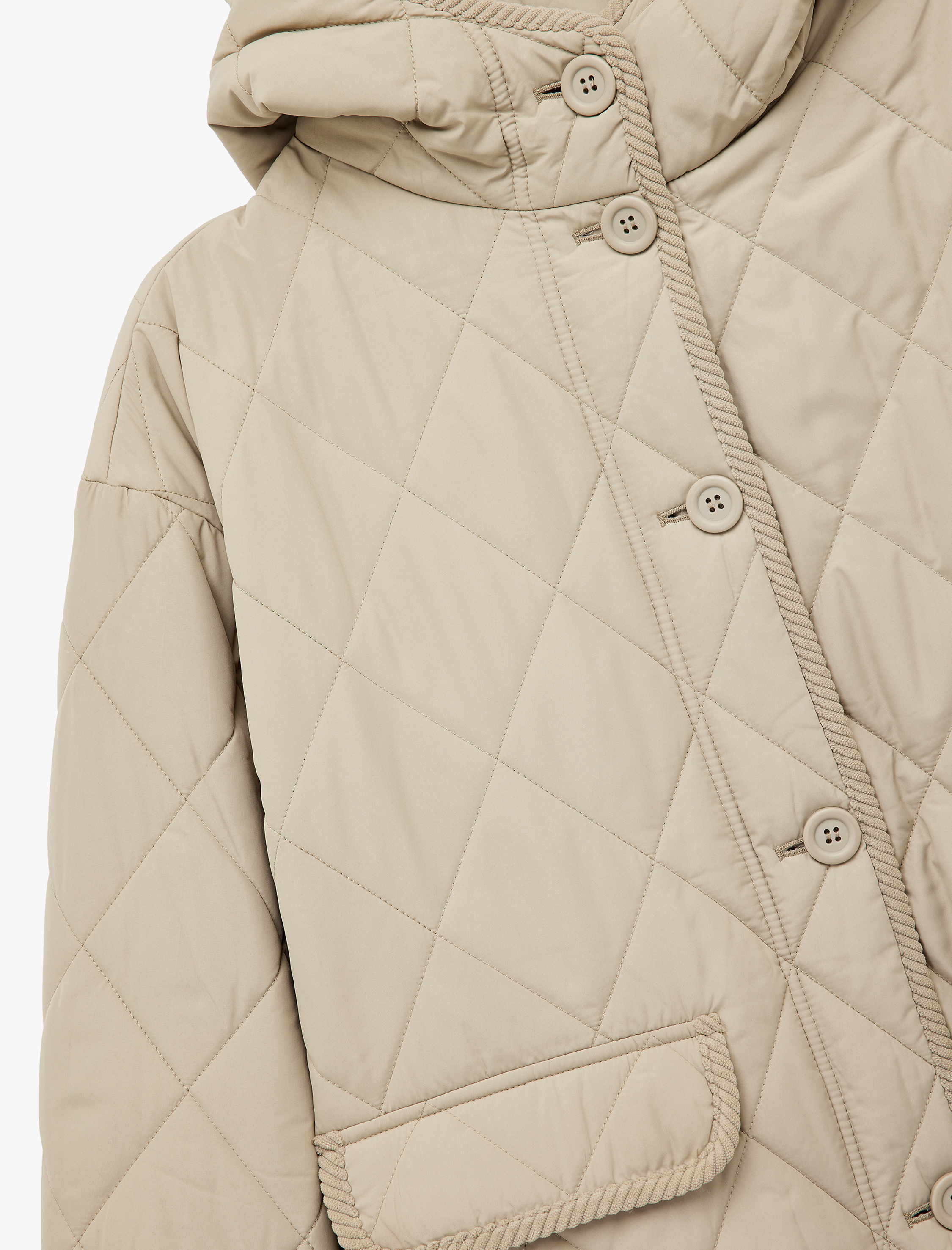   Uzun Kollu Düğmeli Cepli Kapüşonlu Kapitone Mont