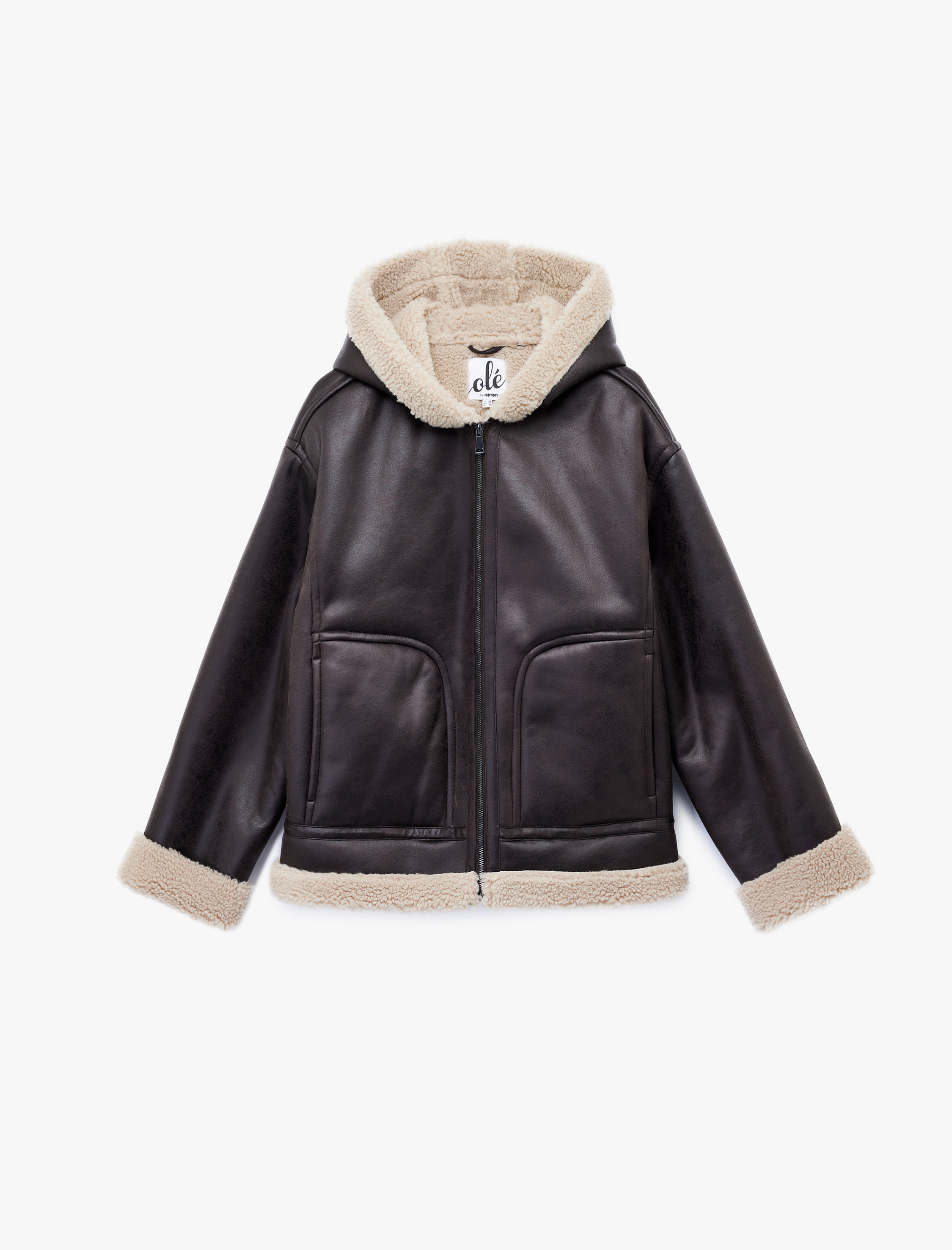   Kapüşonlu İçi Suni Kürklü Fermuarlı Cepli Suni Deri Ceket