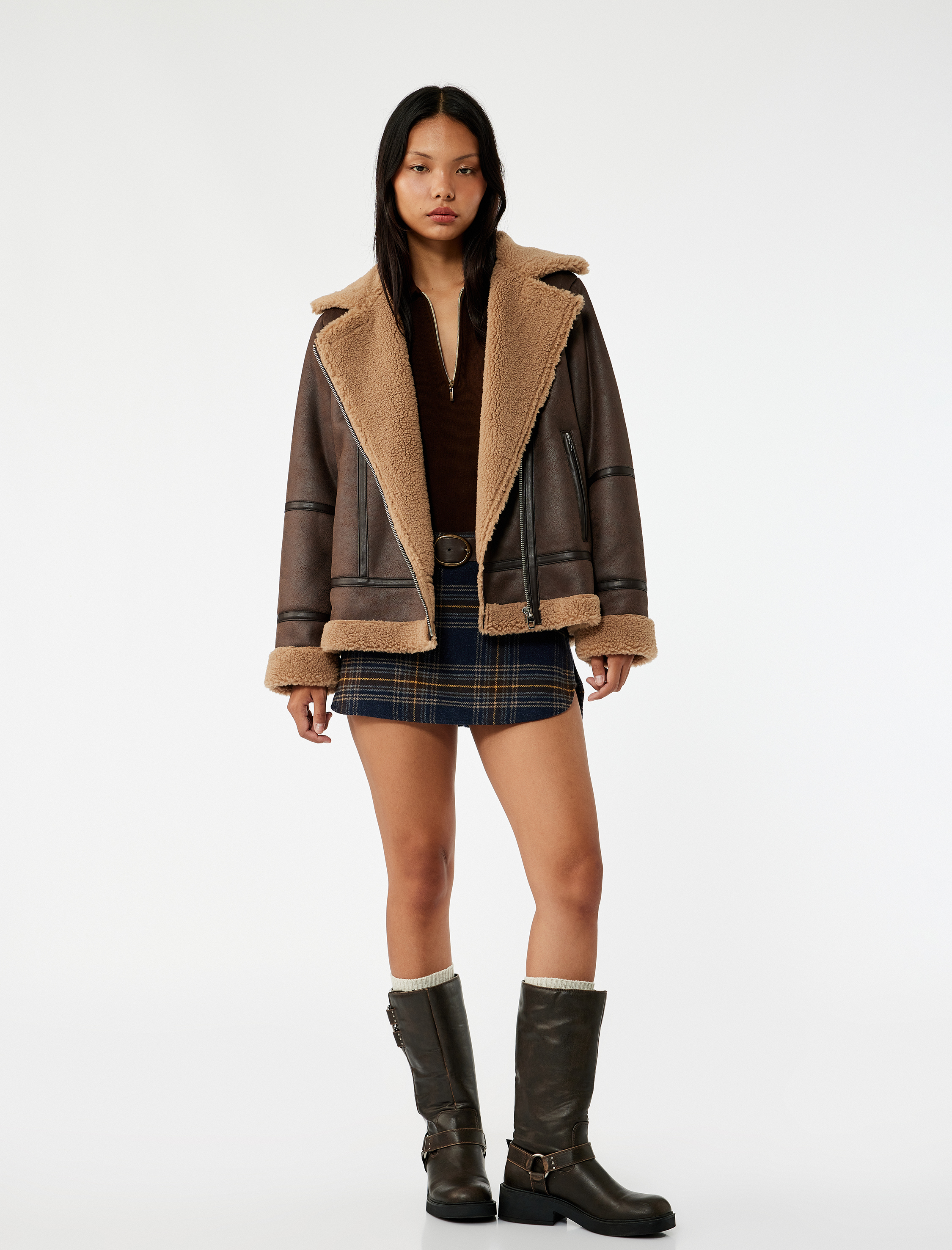   Suni Kürklü Cepli Fermuarlı Deri Görünümlü Biker Ceket