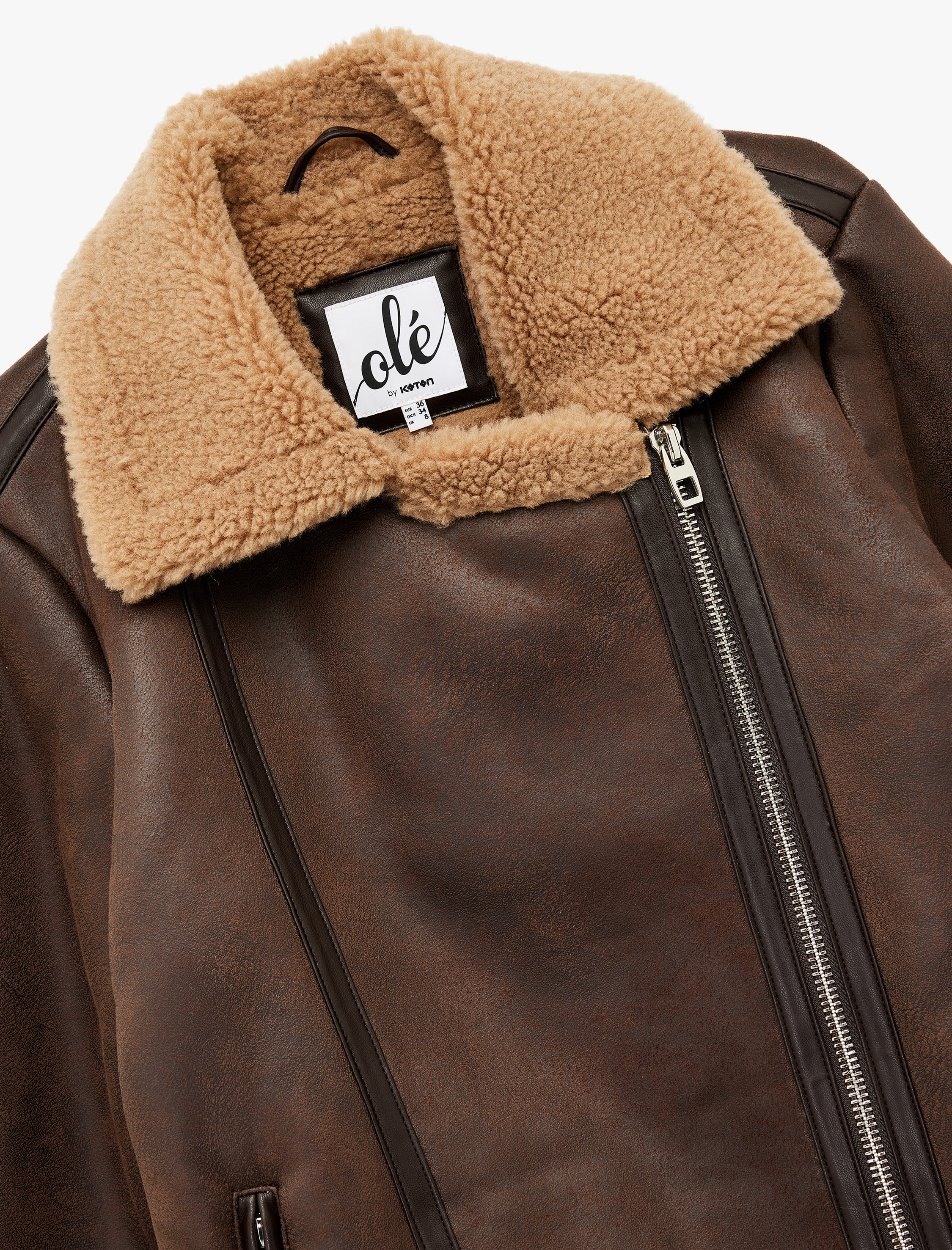   Suni Kürklü Cepli Fermuarlı Deri Görünümlü Biker Ceket