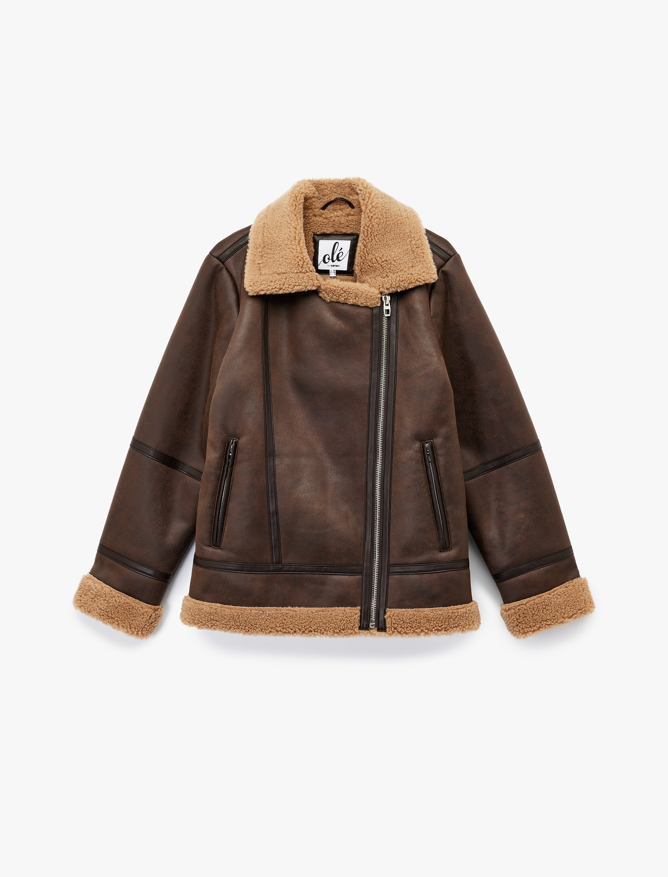   Suni Kürklü Cepli Fermuarlı Deri Görünümlü Biker Ceket