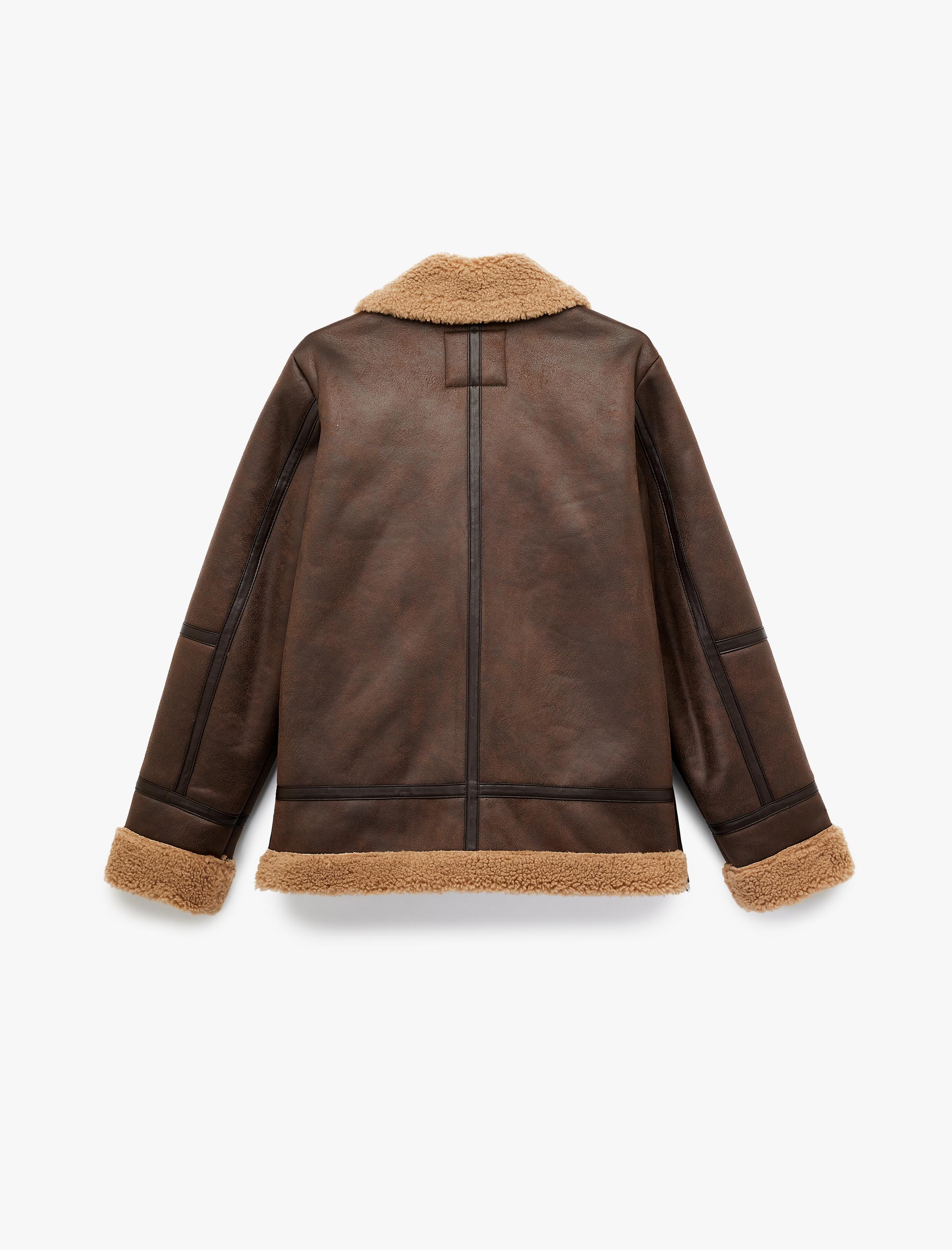   Suni Kürklü Cepli Fermuarlı Deri Görünümlü Biker Ceket