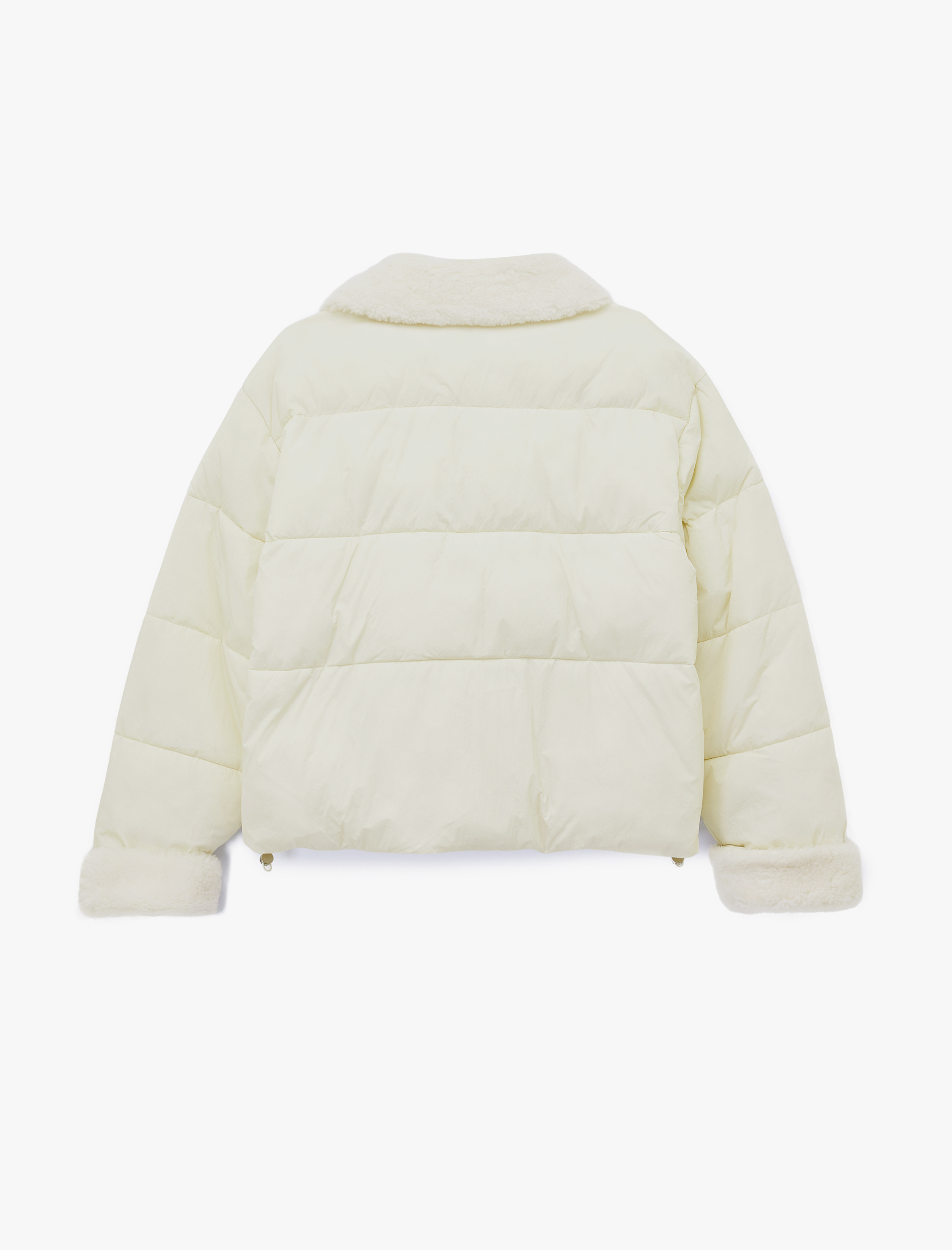   Uzun Kollu Suni Kürk Yaka Fermuarlı Cepli Kapitone Ceket