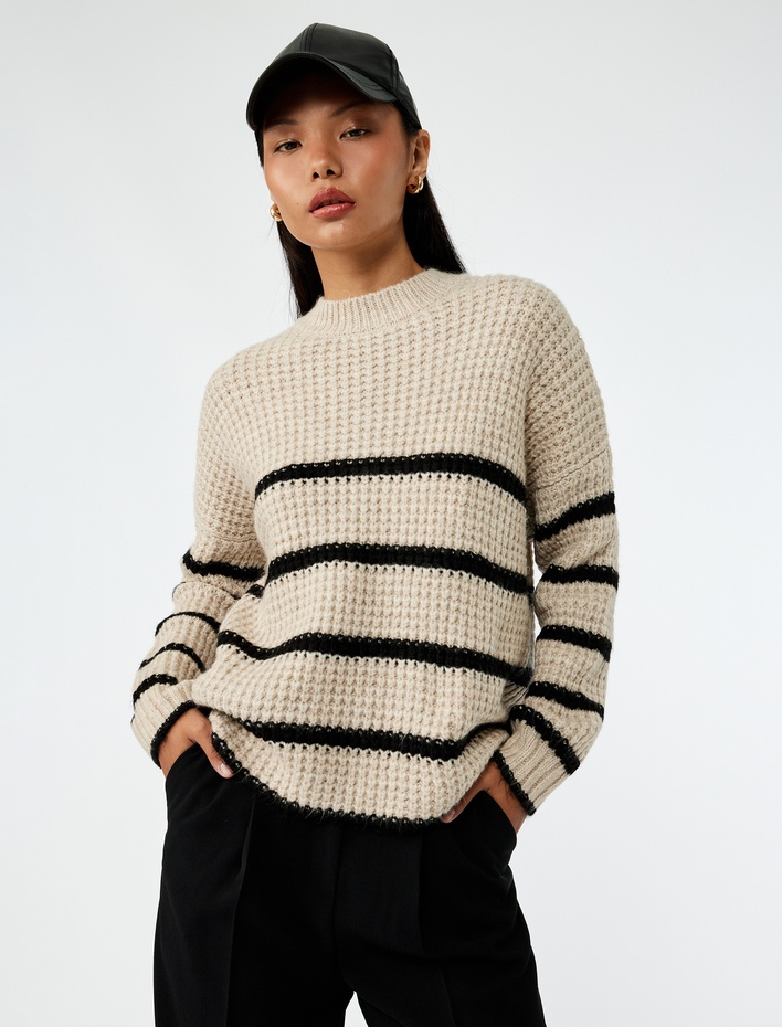  Şerit Desenli Bisiklet Yaka Uzun Kollu Triko Kazak