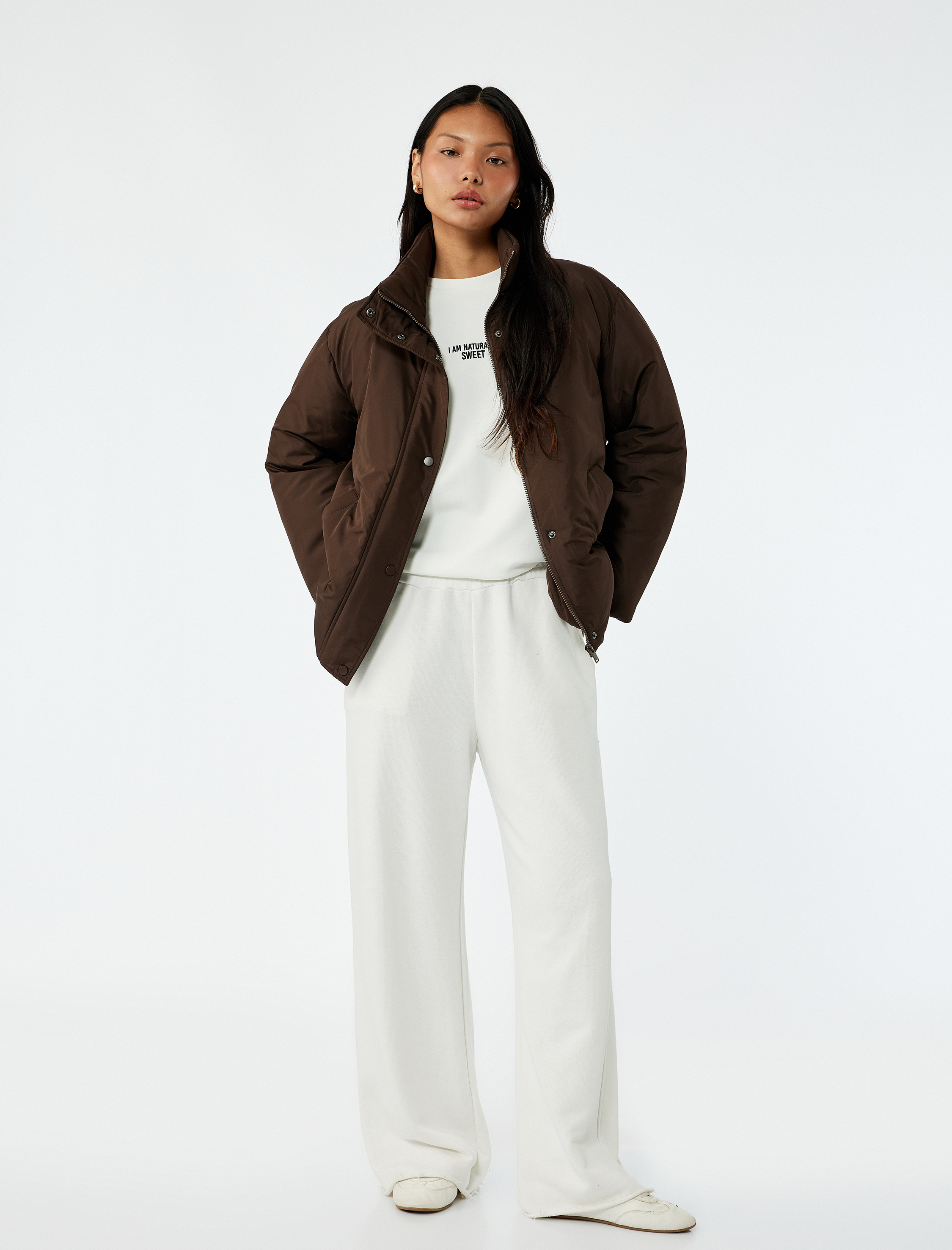   Dik Yaka Çıtçıt Düğmeli Cepli Uzun Kollu Rahat Kalıp Anorak Ceket