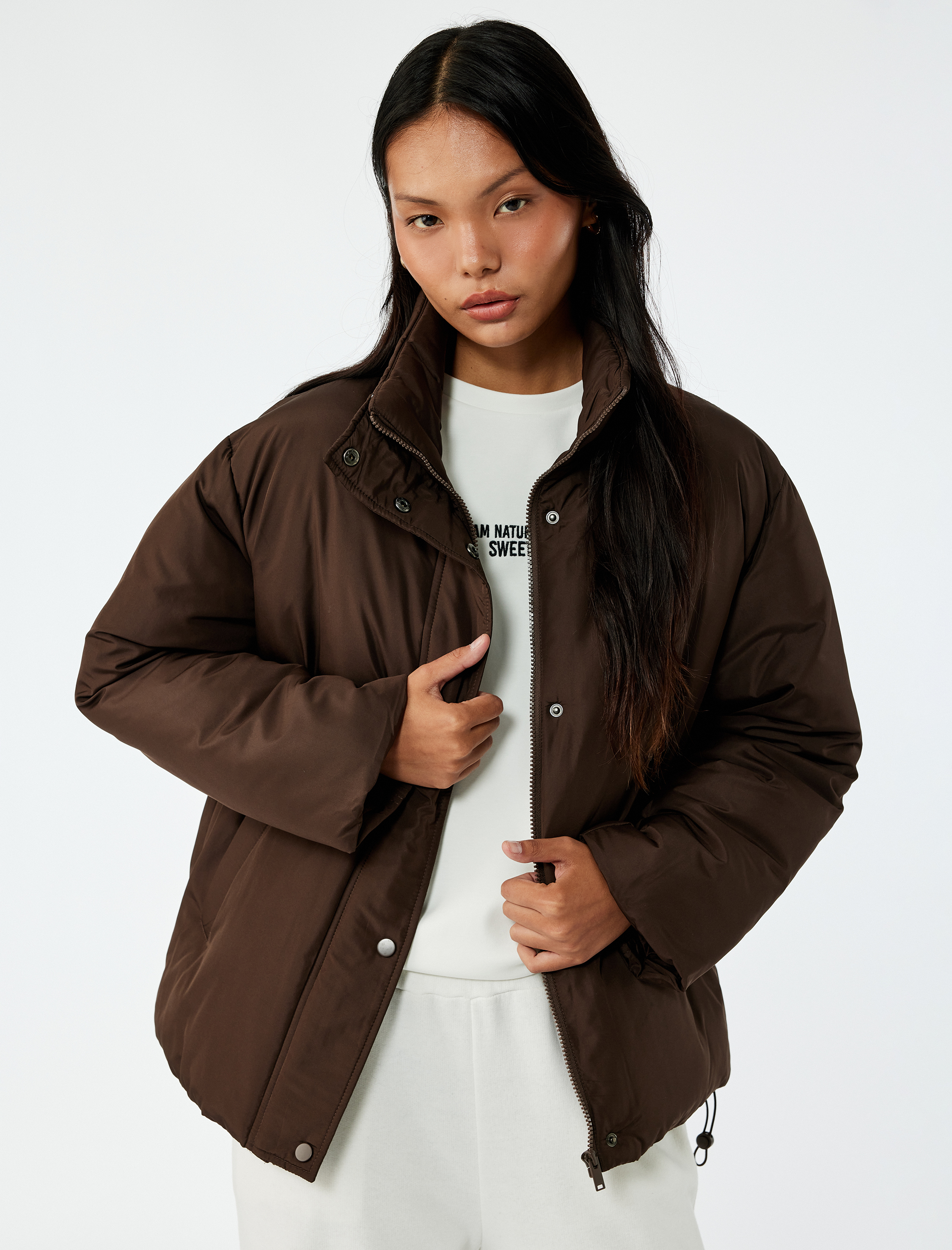   Dik Yaka Çıtçıt Düğmeli Cepli Uzun Kollu Rahat Kalıp Anorak Ceket