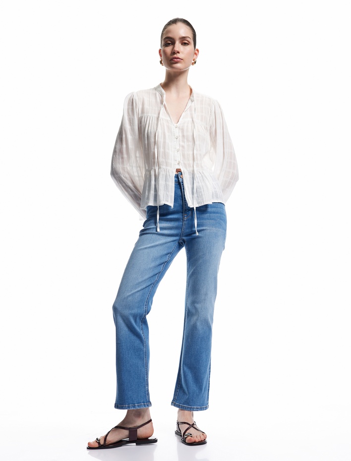  Yüksek Bel Kısa İspanyol Paça Jean Pantolon - Flare Jeans